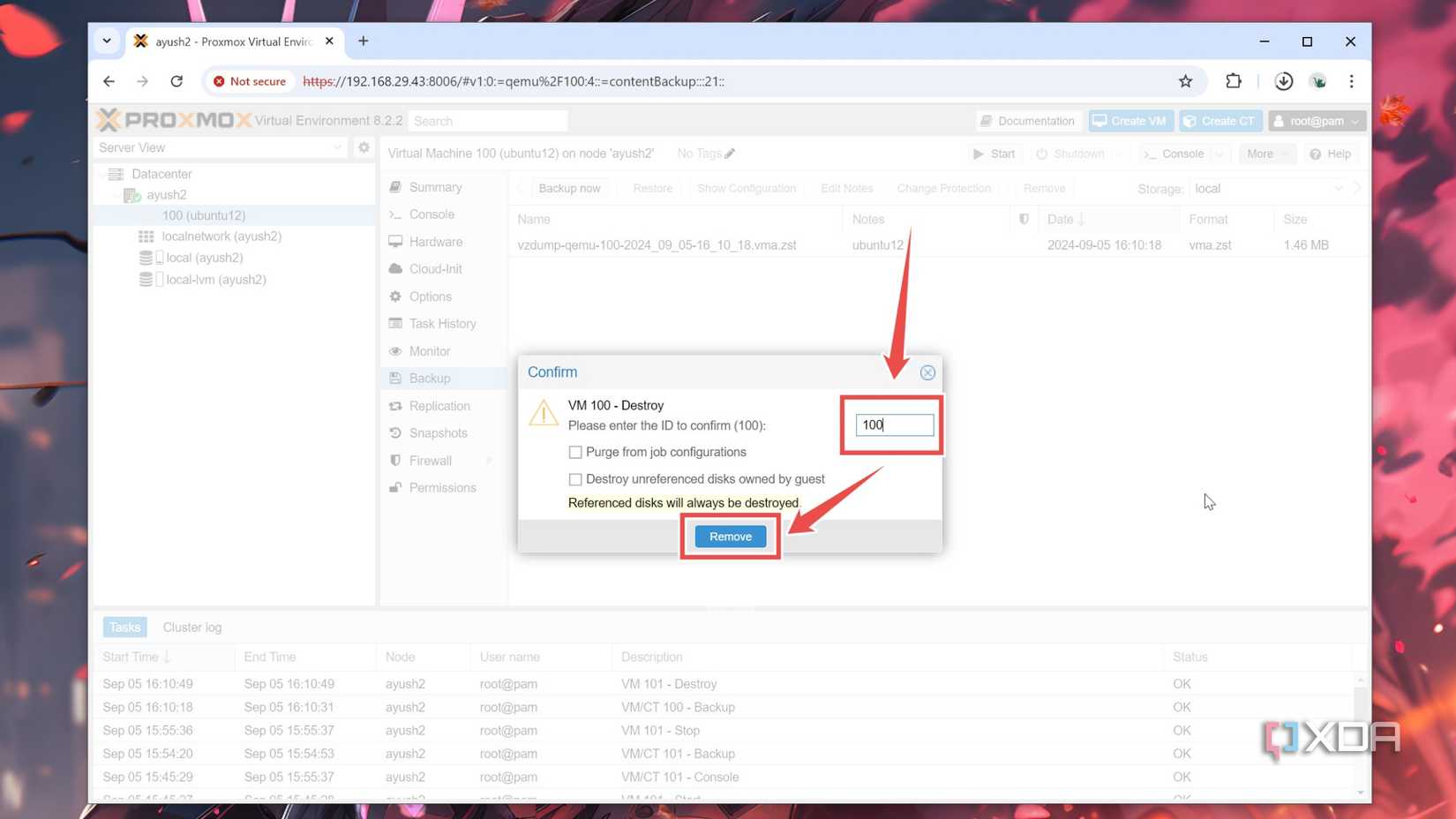 The confirmation box that appears when you try to delete a VM inside the Proxmox web UI