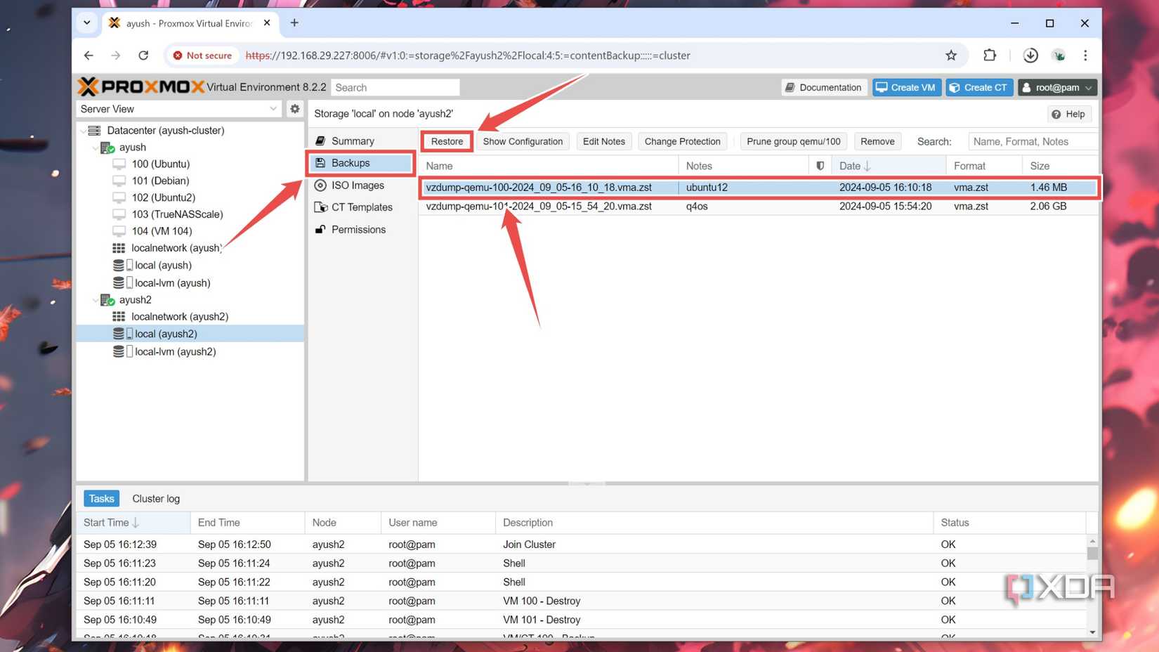 Restoring a VM inside the Proxmox web UI