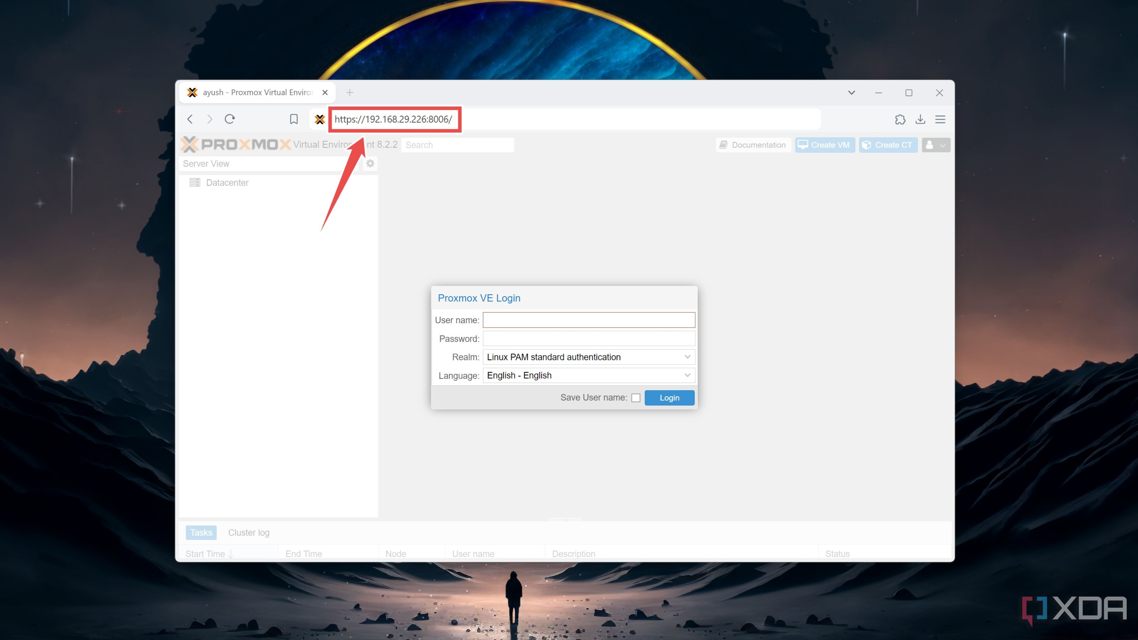 Entering the IP address to access the Proxmox web UI into a browser