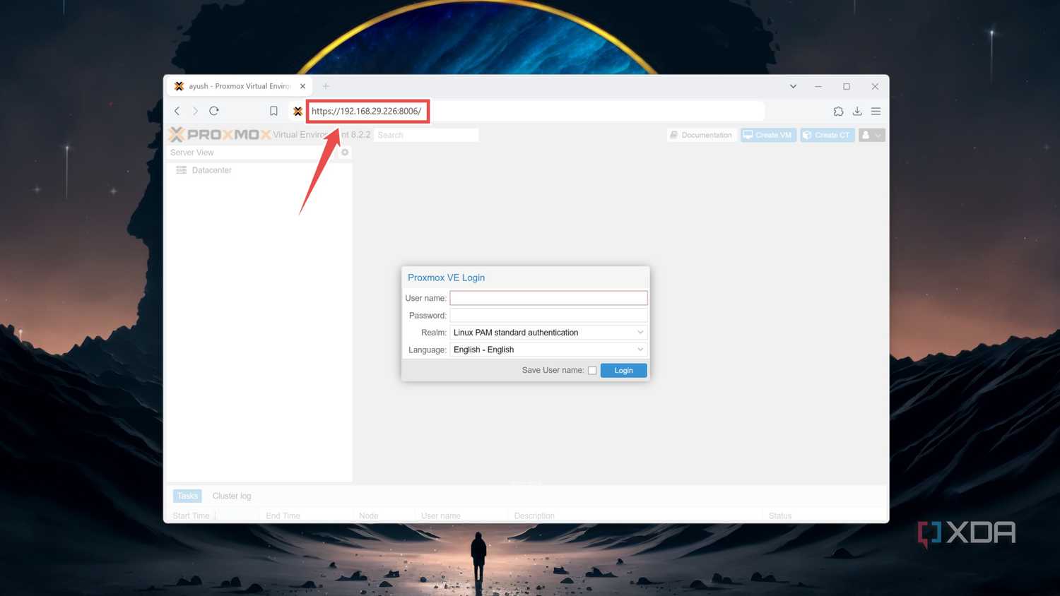 Entering the IP address to access the Proxmox web UI into a browser