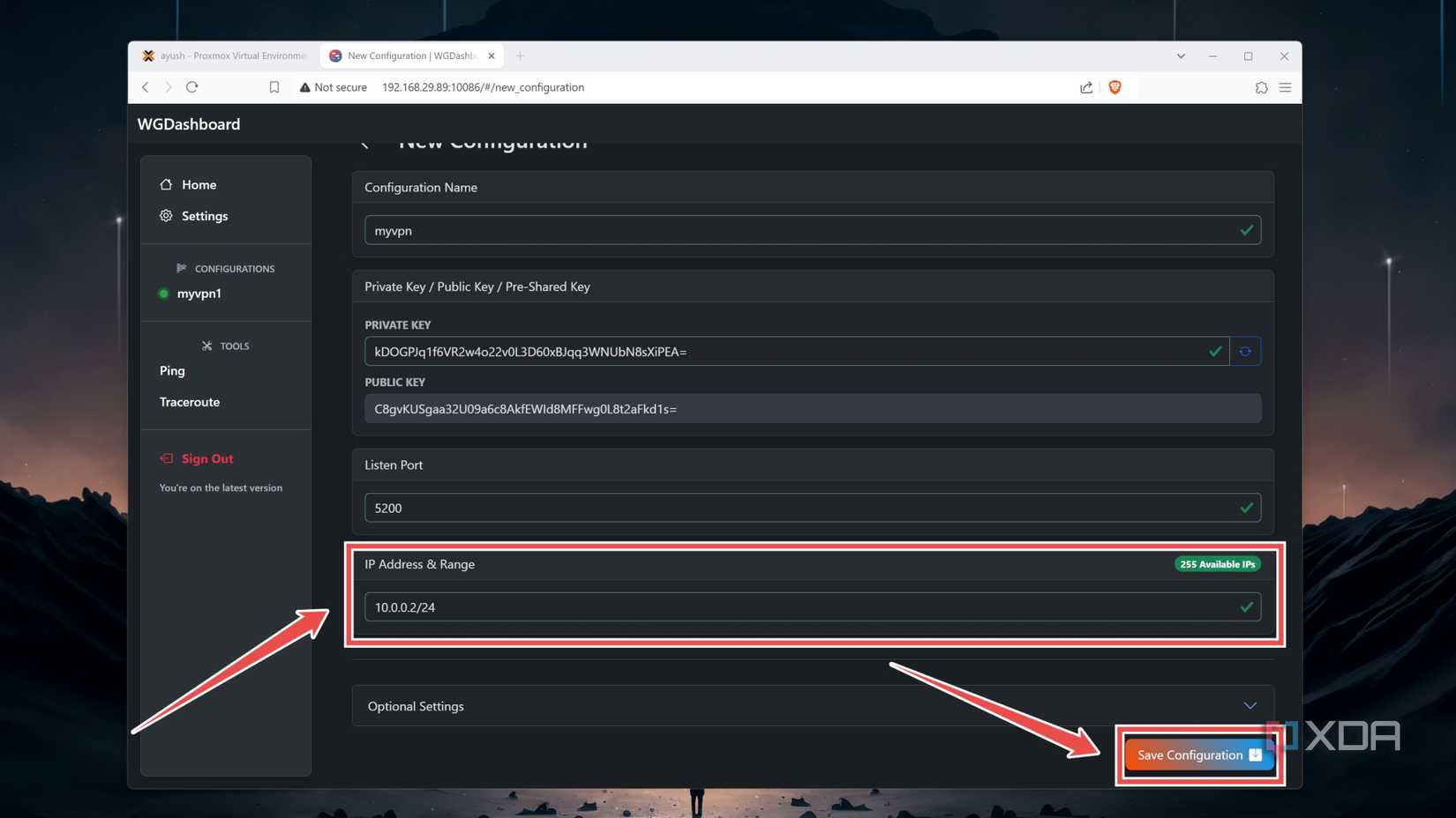 Setting the IP address for the WireGuard VPN tunnel