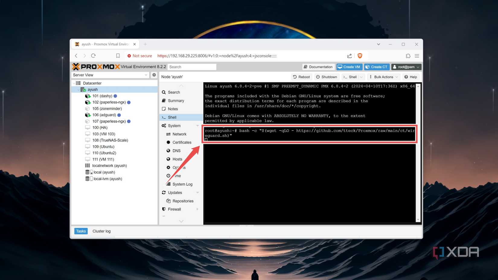 The command to install the WireGuard VPN in Proxmox
