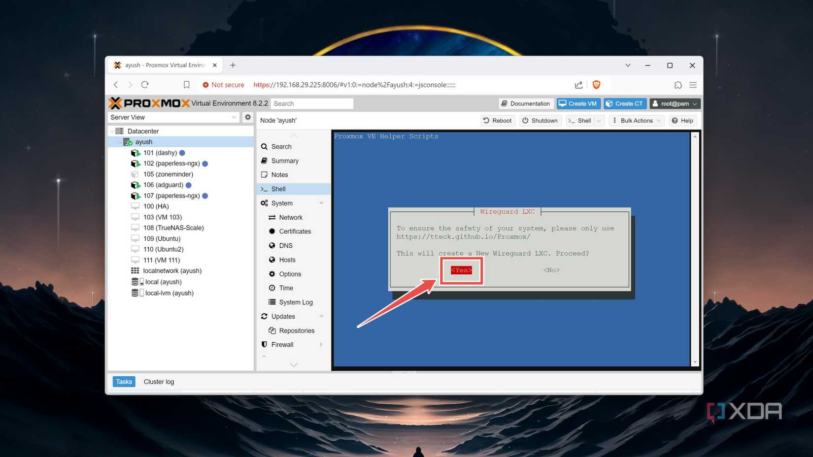 Choosing Yes when Proxmox asks the user to create a new LXC WireGuard container