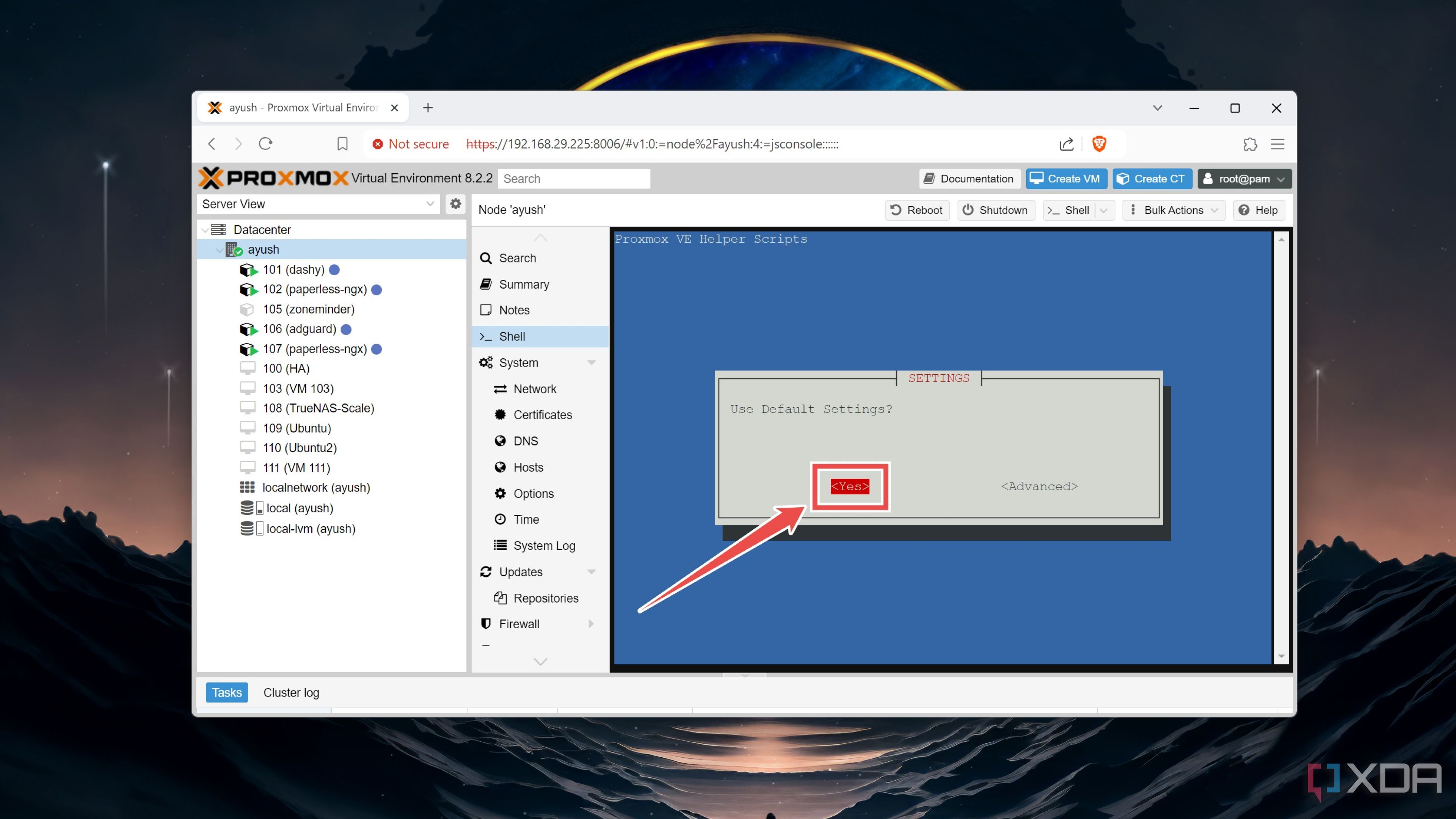 Choosing Yes when Proxmox asks for the user's confirmation to use the default settings when creating an LXC container for WireGuard