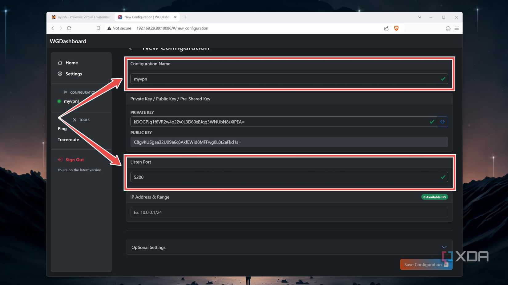 Entering a name and listen port for the WireGuard VPN tunnel