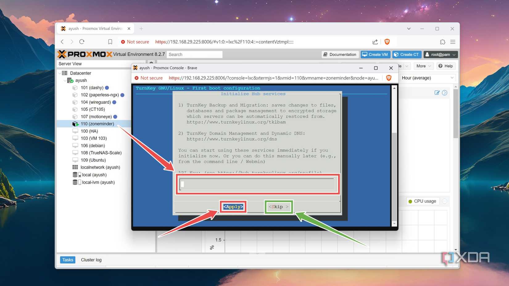 Entering an API key inside the ZoneMinder container 