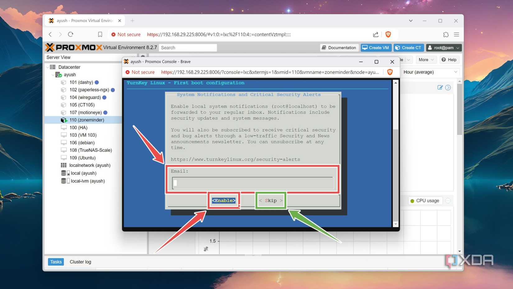 Entering an email address inside the ZoneMinder container
