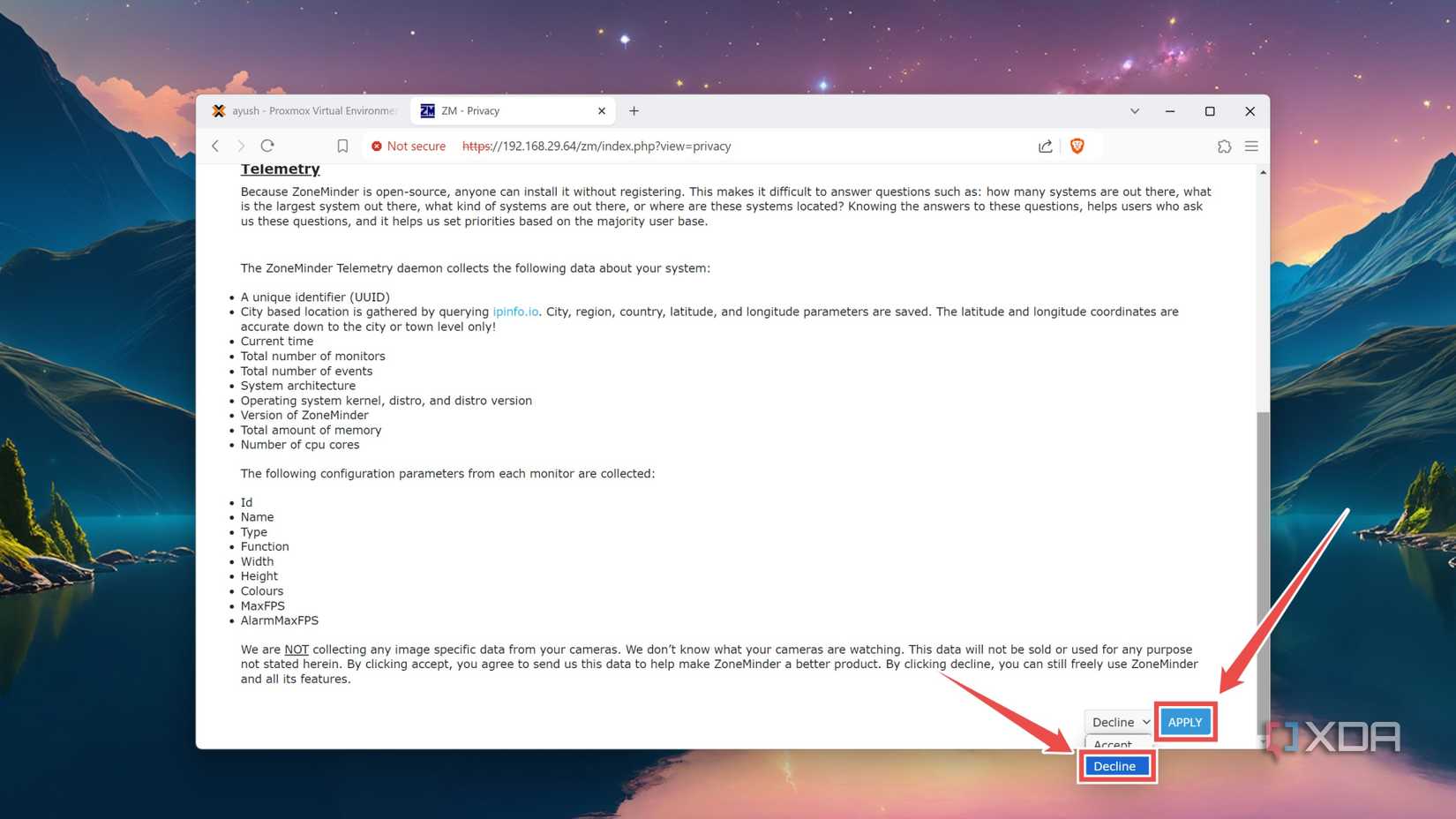 Denying the request to access Telemetry data in the ZoneMinder web UI