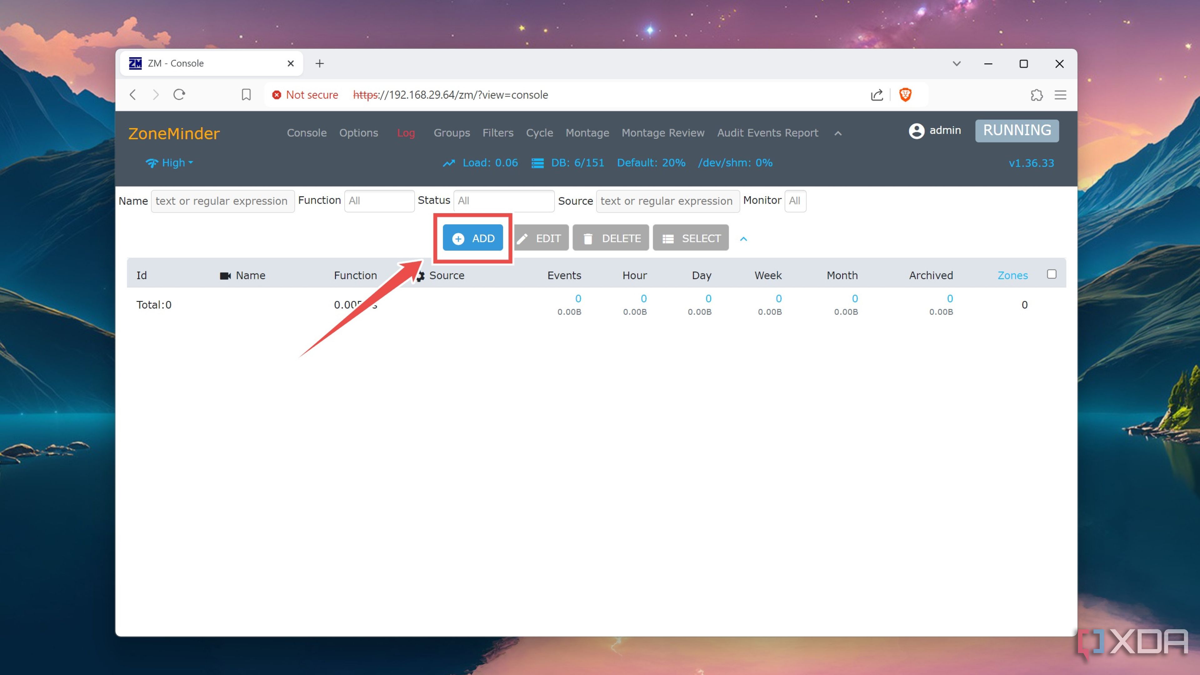 Clicking on the Add button in the ZoneMinder web UI
