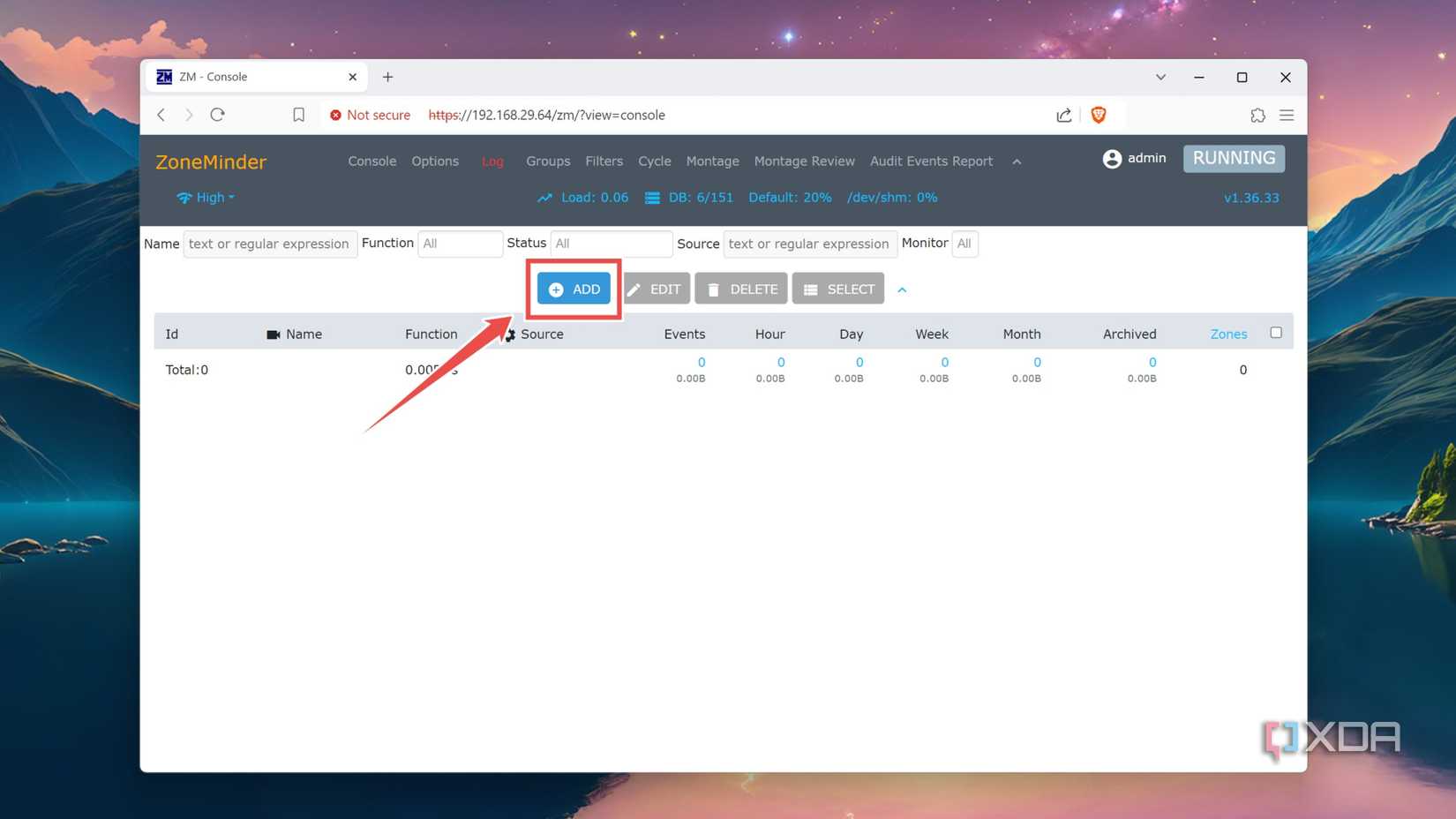 Clicking on the Add button in the ZoneMinder web UI