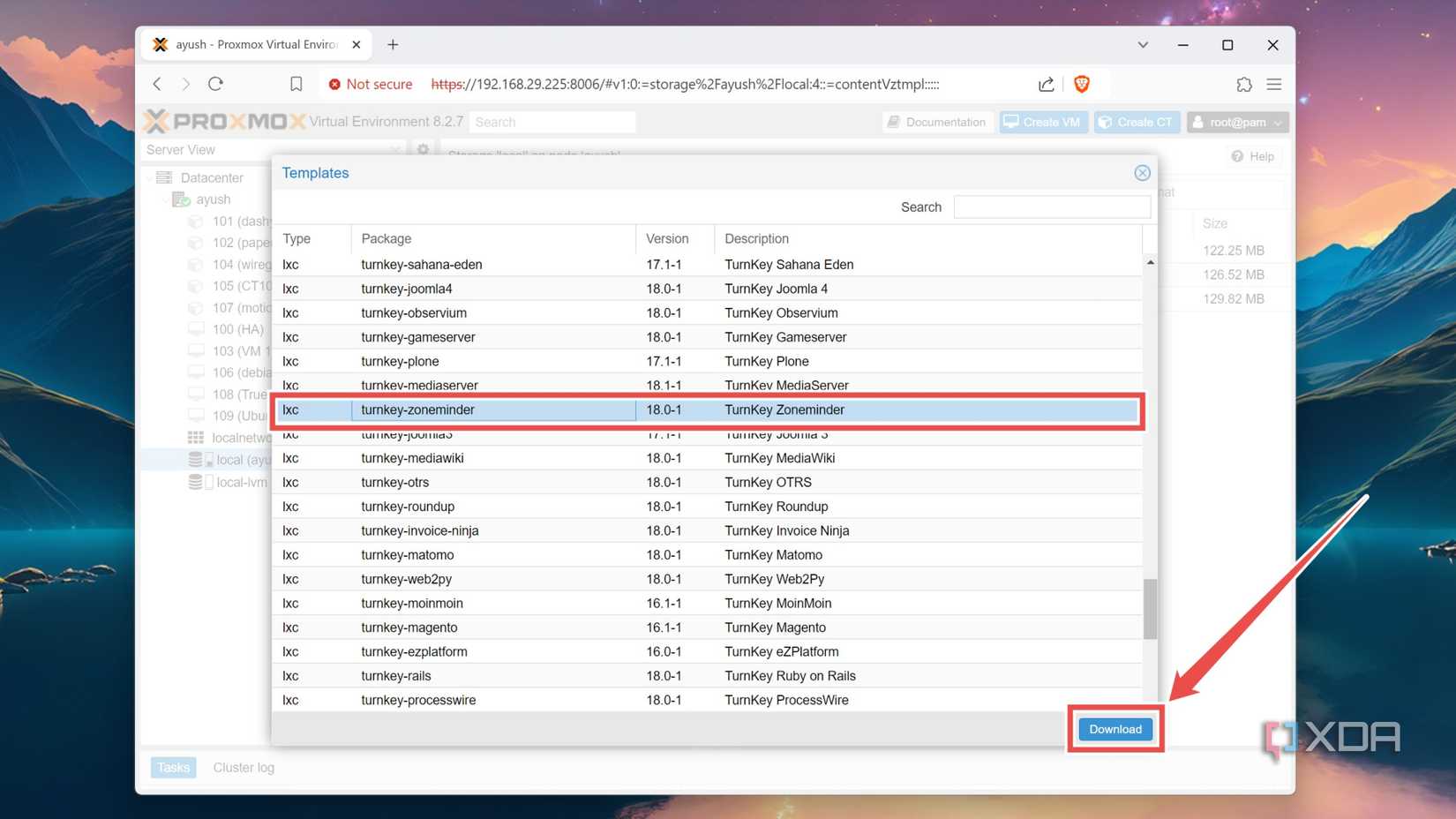 Choosing the Turnkey ZoneMinder container in the Proxmox web UI