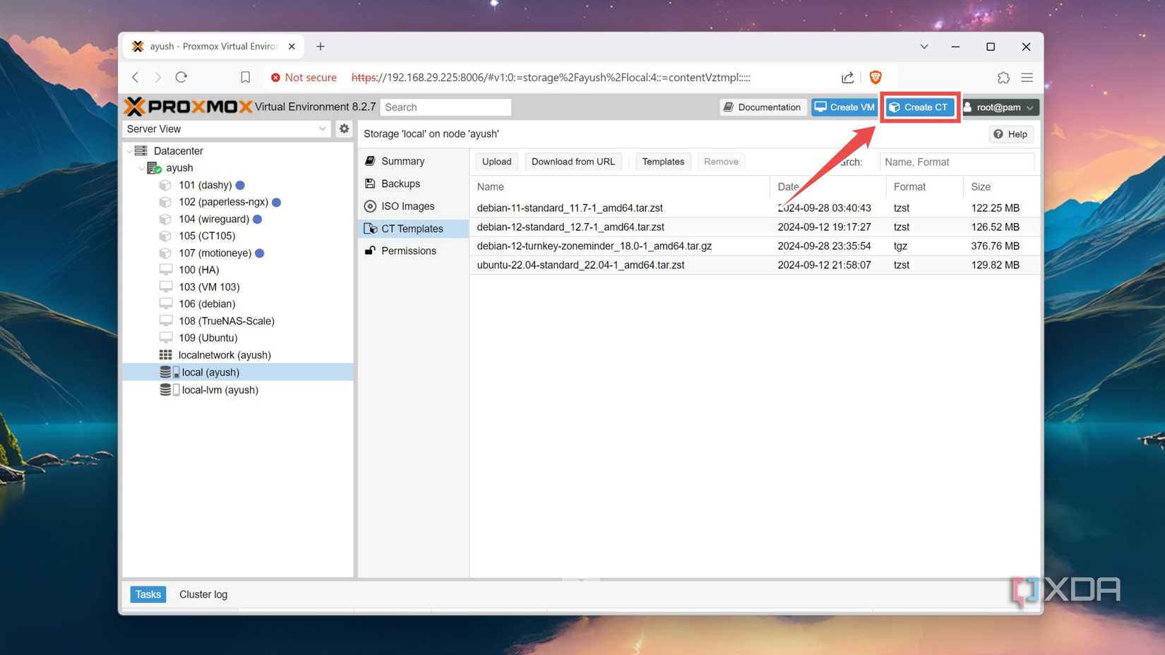 Creating a new container in Proxmox
