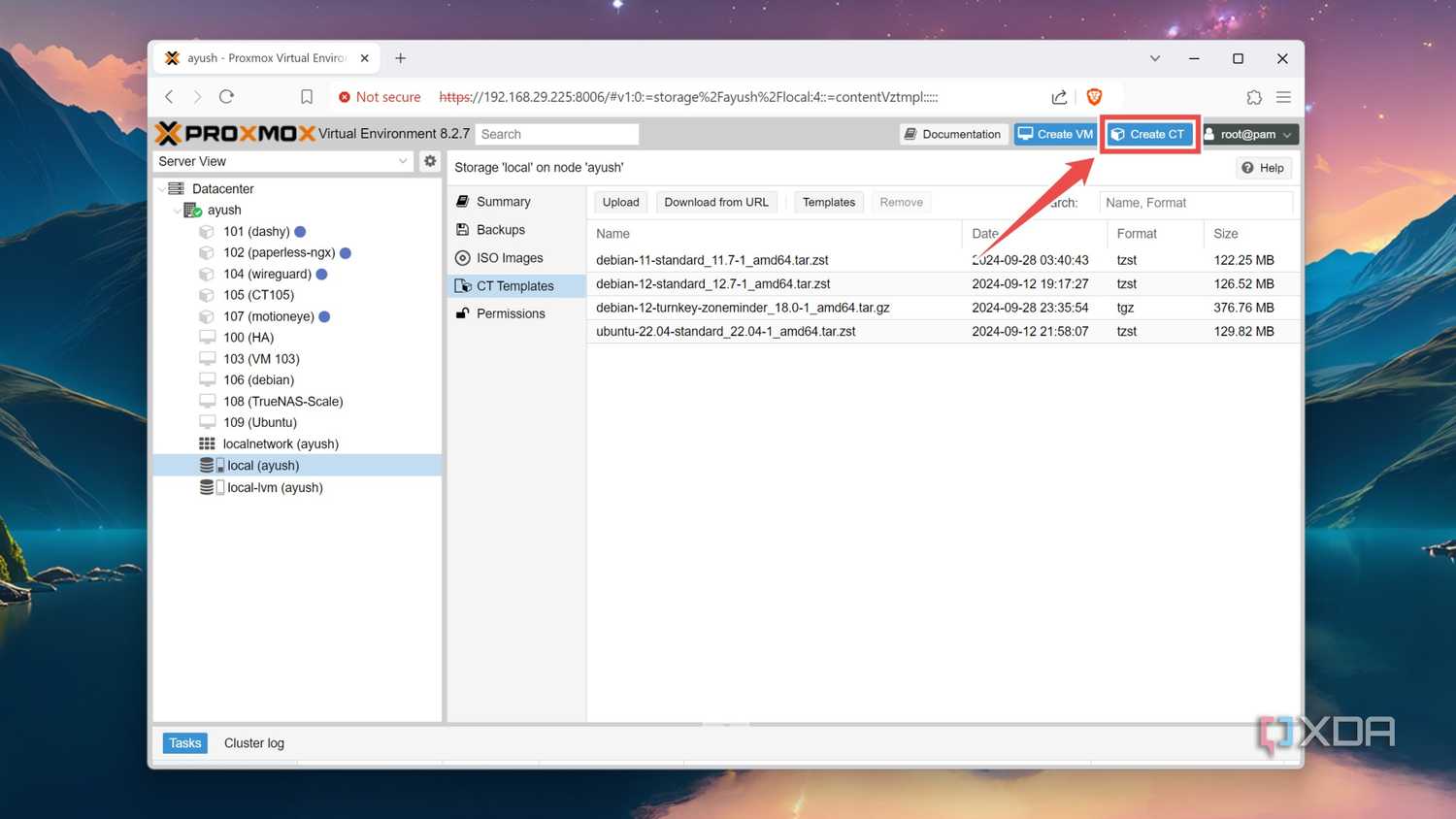 Creating a new container in Proxmox