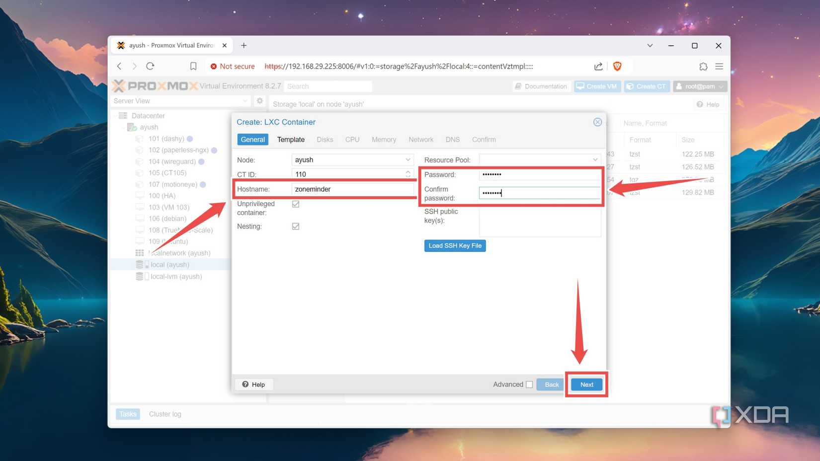 Choosing a Hostname and Password for the ZoneMinder container in the Proxmox web UI