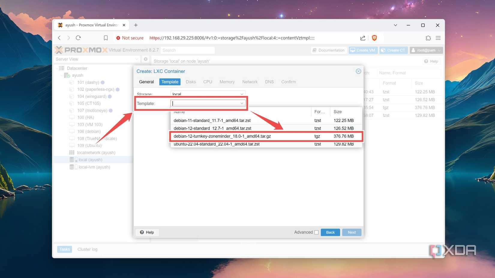 Choosing a template for the ZoneMinder container in the Proxmox web UI
