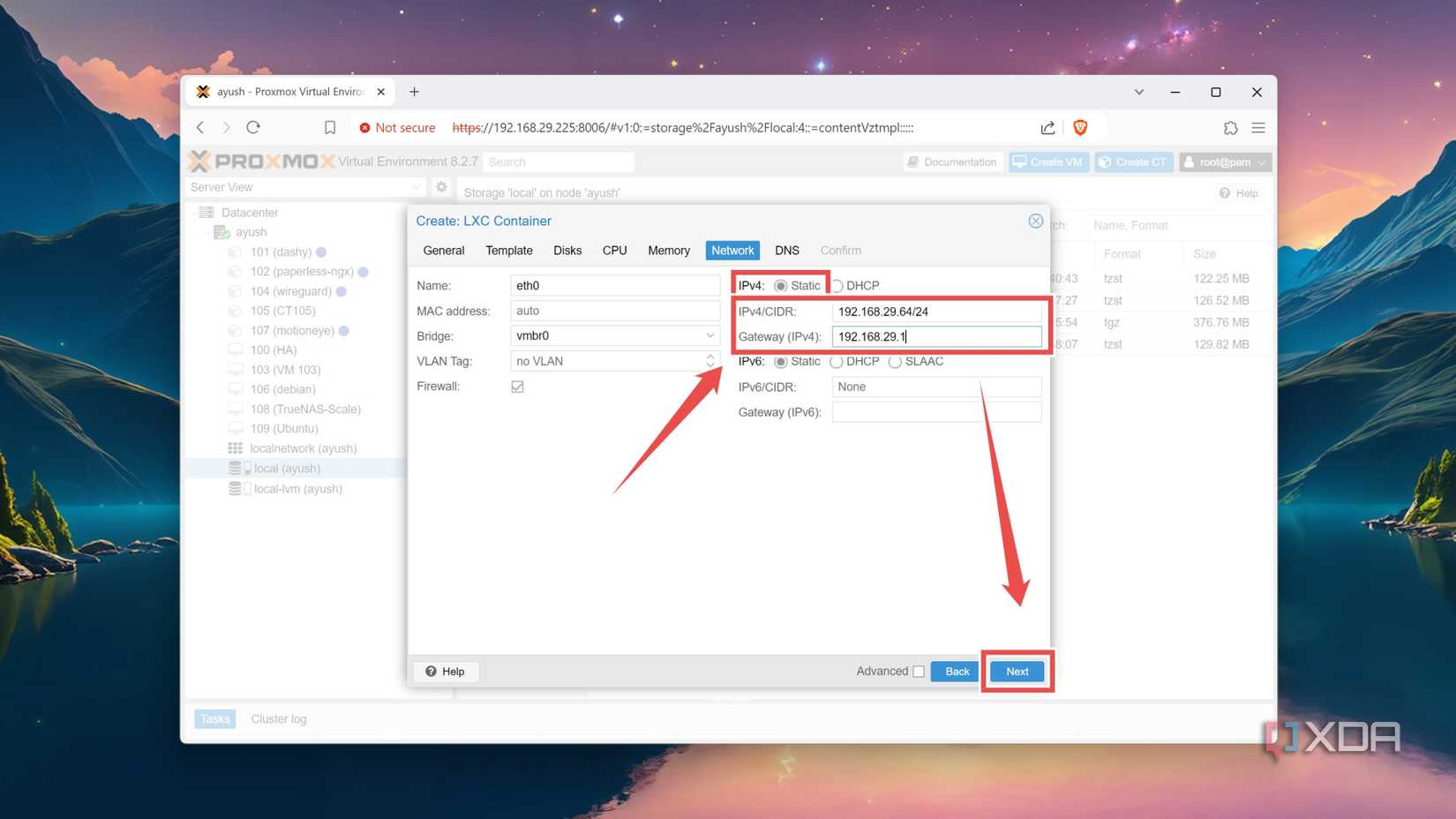 Setting a static IP for the ZoneMinder container in the Proxmox web UI