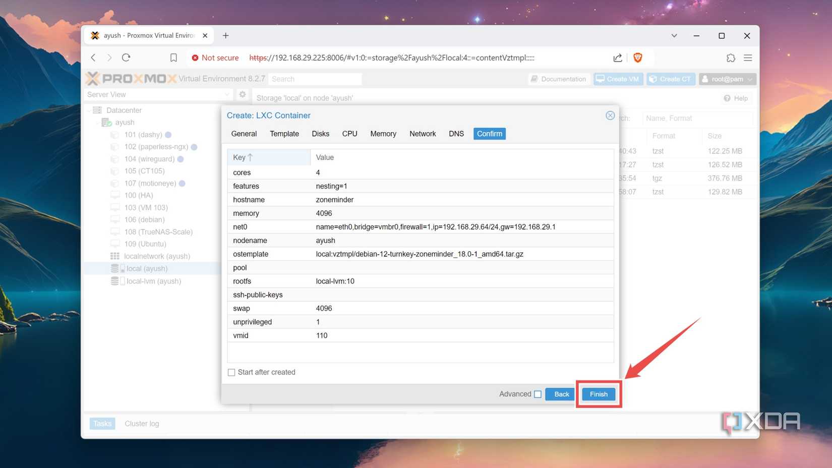Selecting the Finish option in the Proxmox web UI