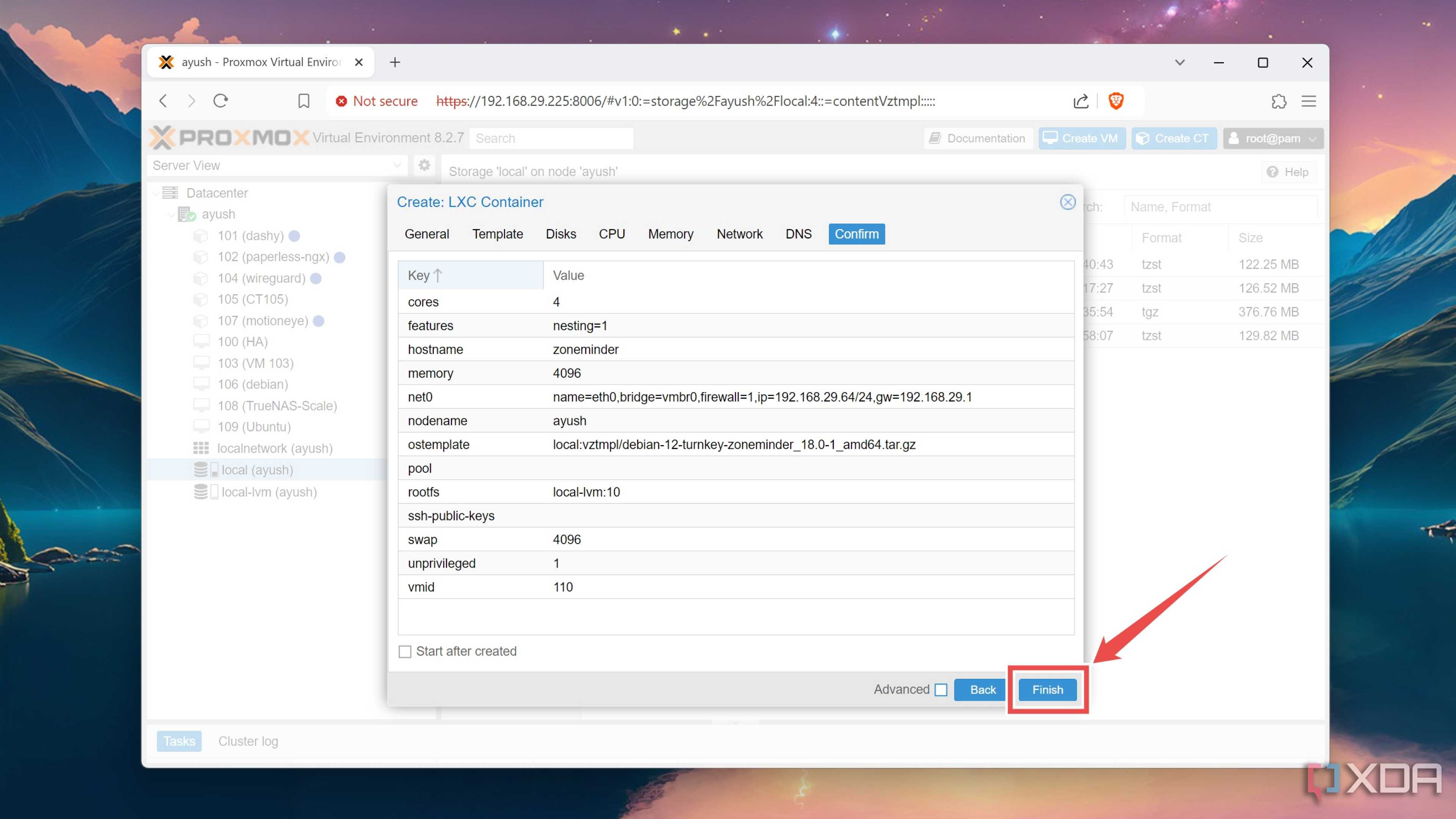 Selecting the Finish option in the Proxmox web UI
