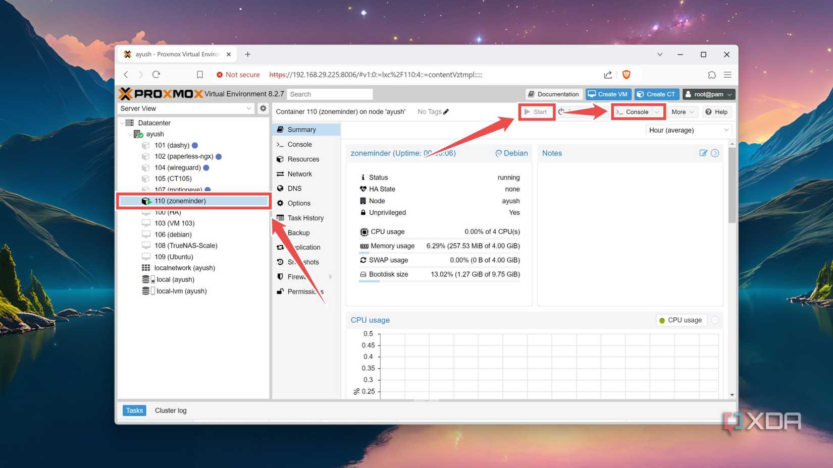 Starting a ZoneMinder container in the Proxmox web UI