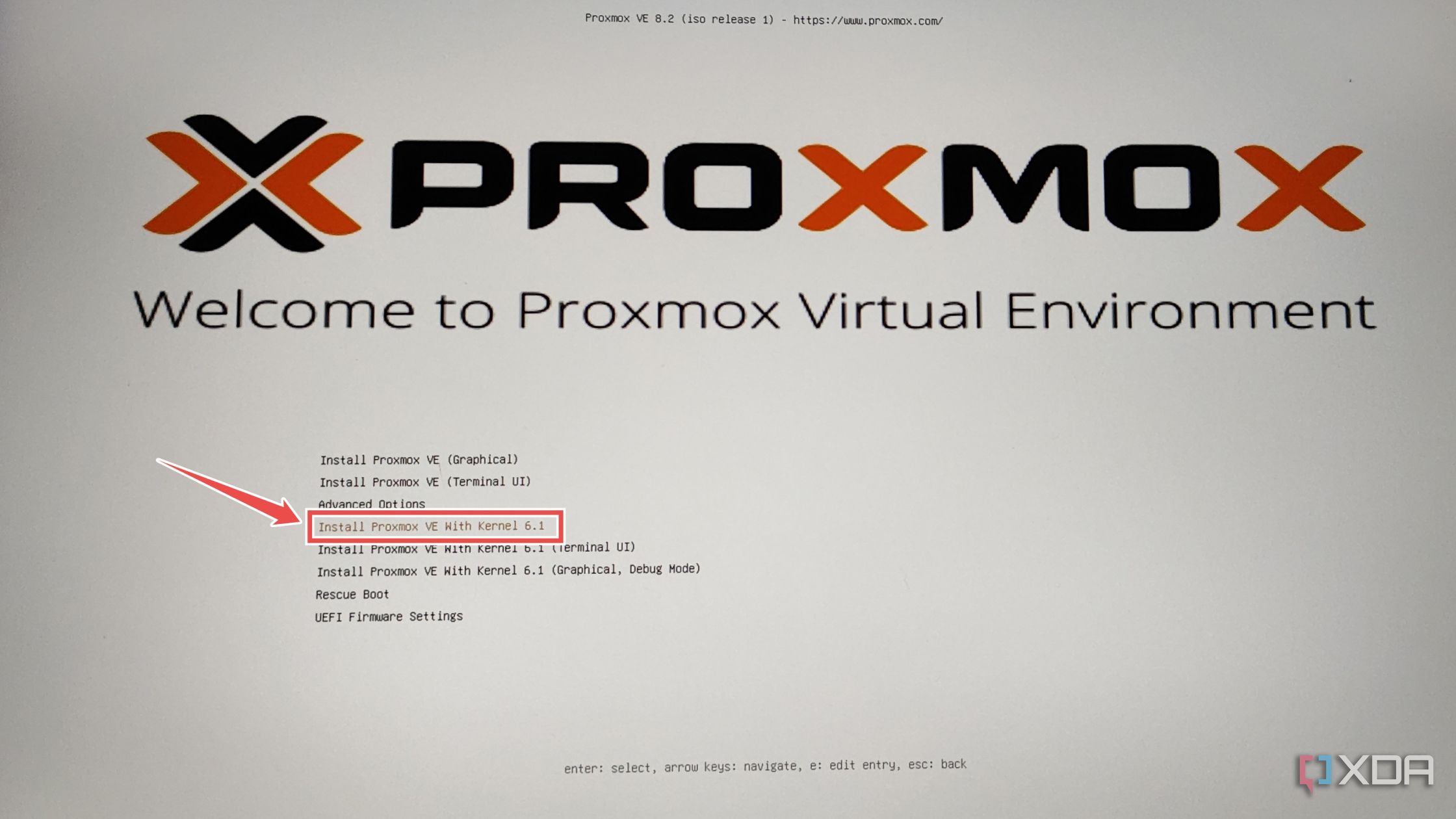 Picking the Proxmox installation option