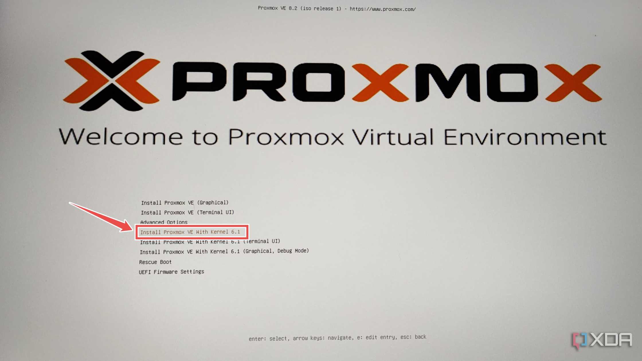 Picking the Proxmox installation option