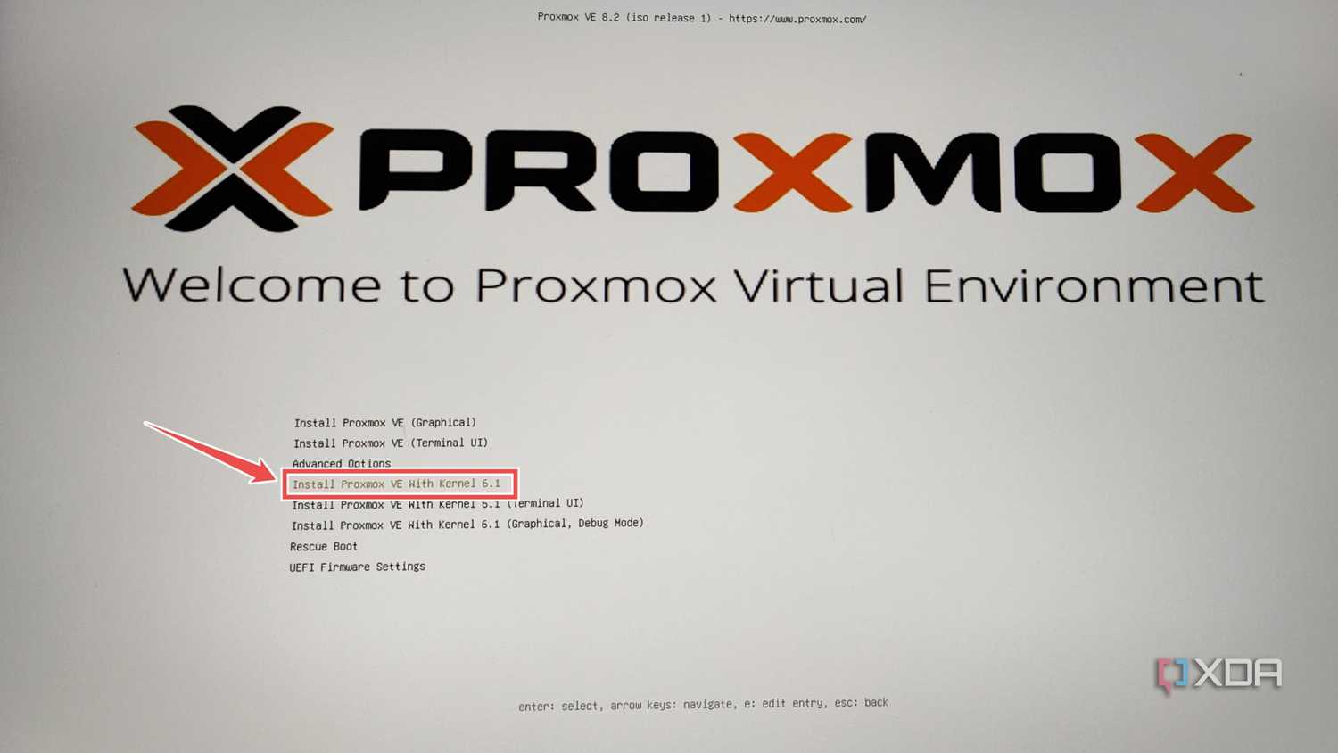 Picking the Proxmox installation option