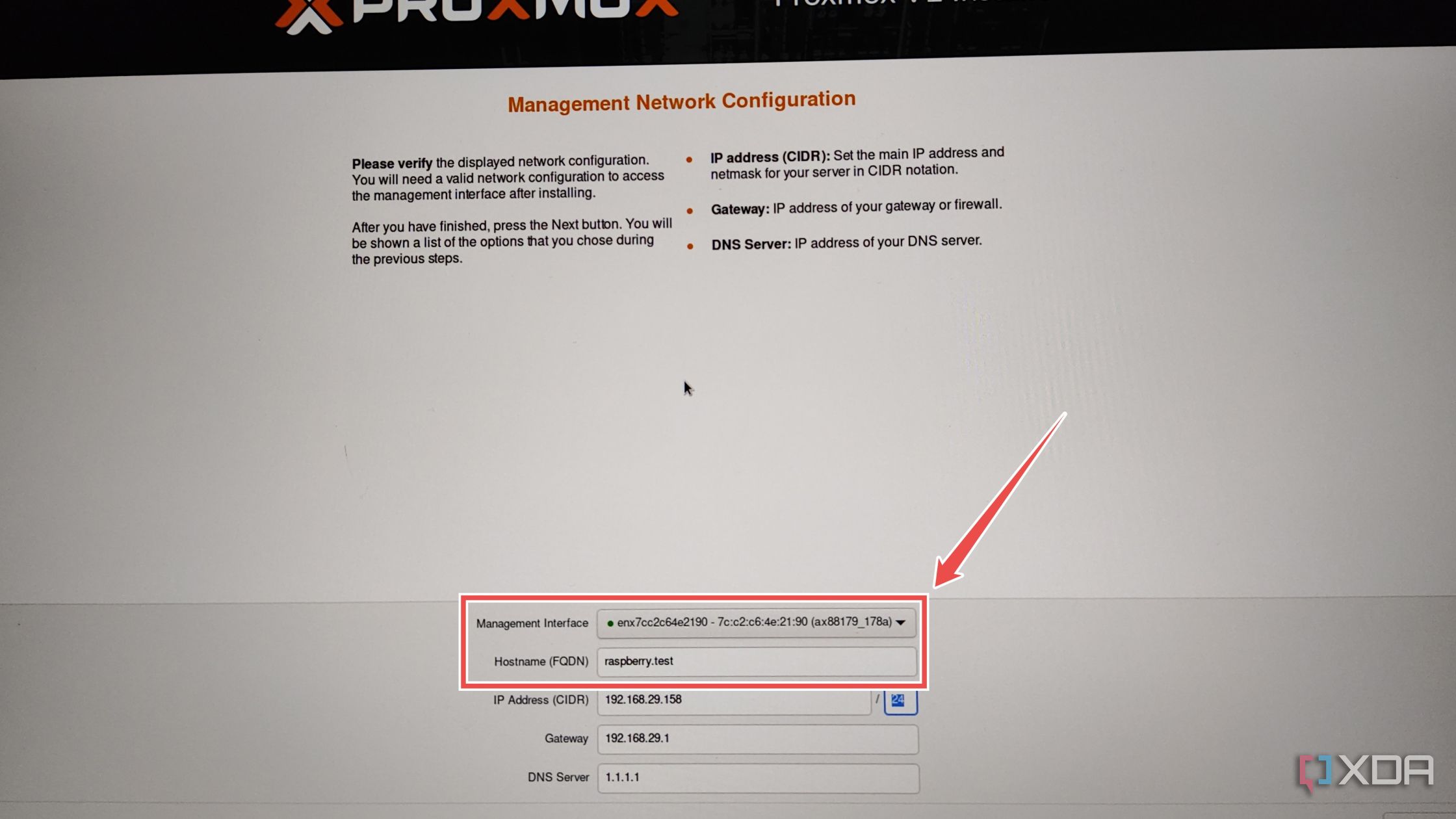 Picking the network settings in the Proxmox installation wizard