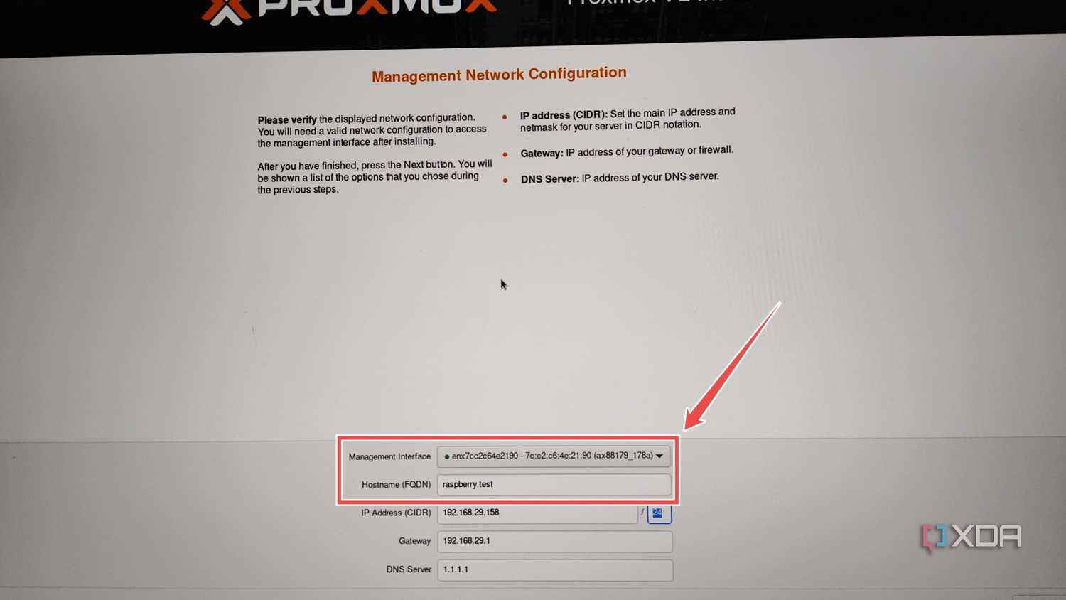 Picking the network settings in the Proxmox installation wizard