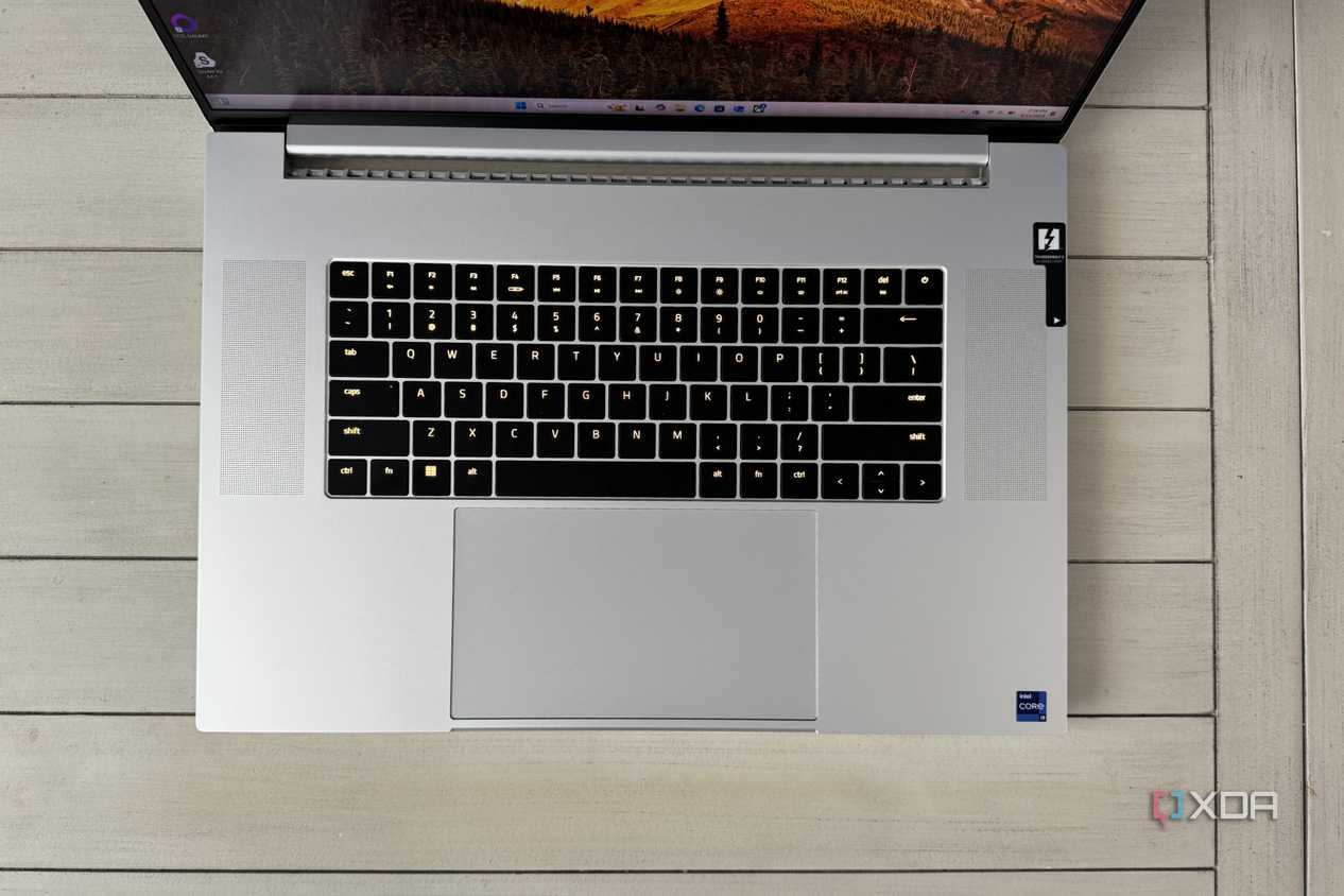 razer blade 18 shown from a top angle with keyboard and touchpad centered