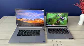 razer blade 14 and razer blade 18 laptops open on a white table