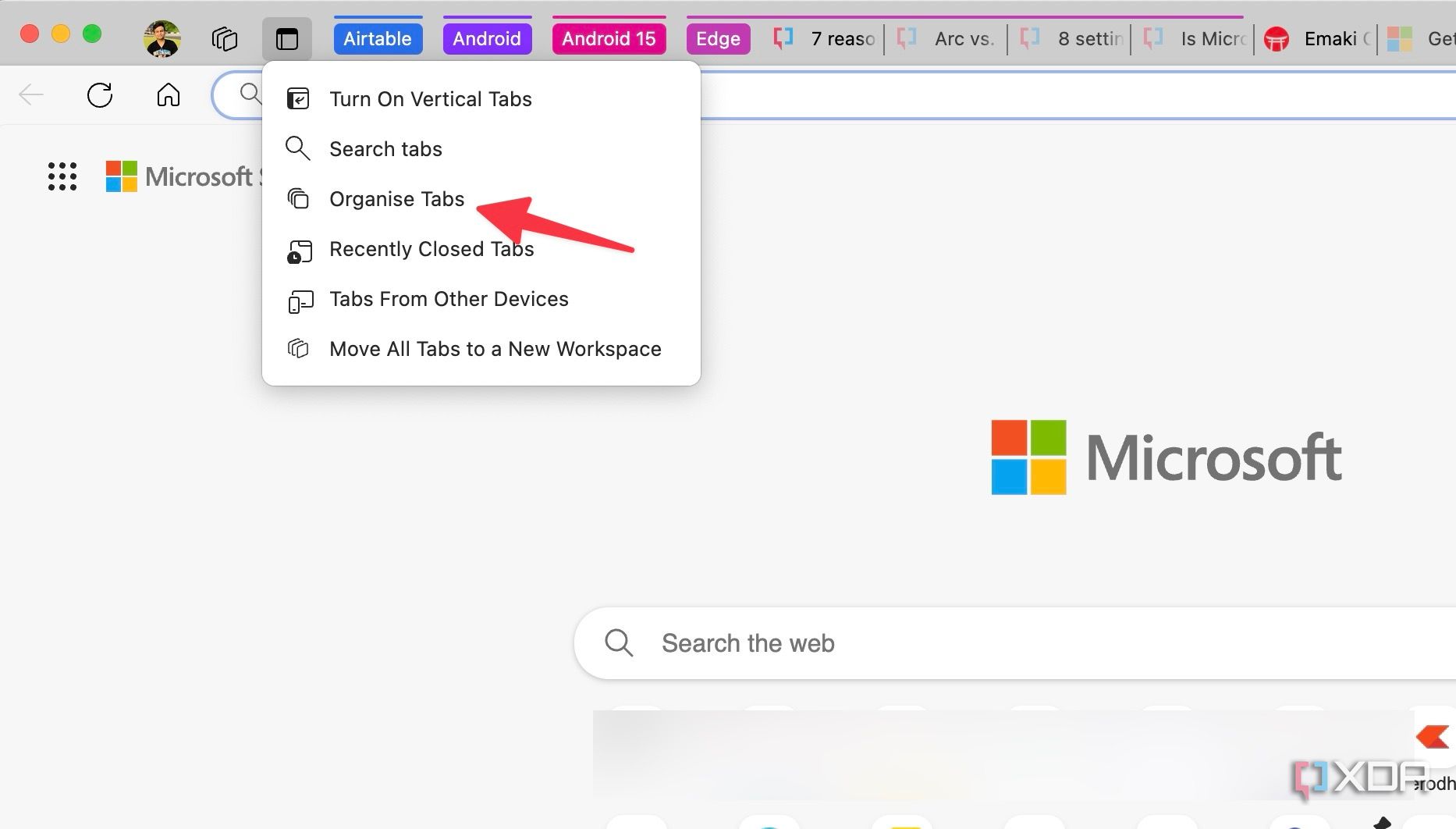 Microsoft Edge organize tabs
