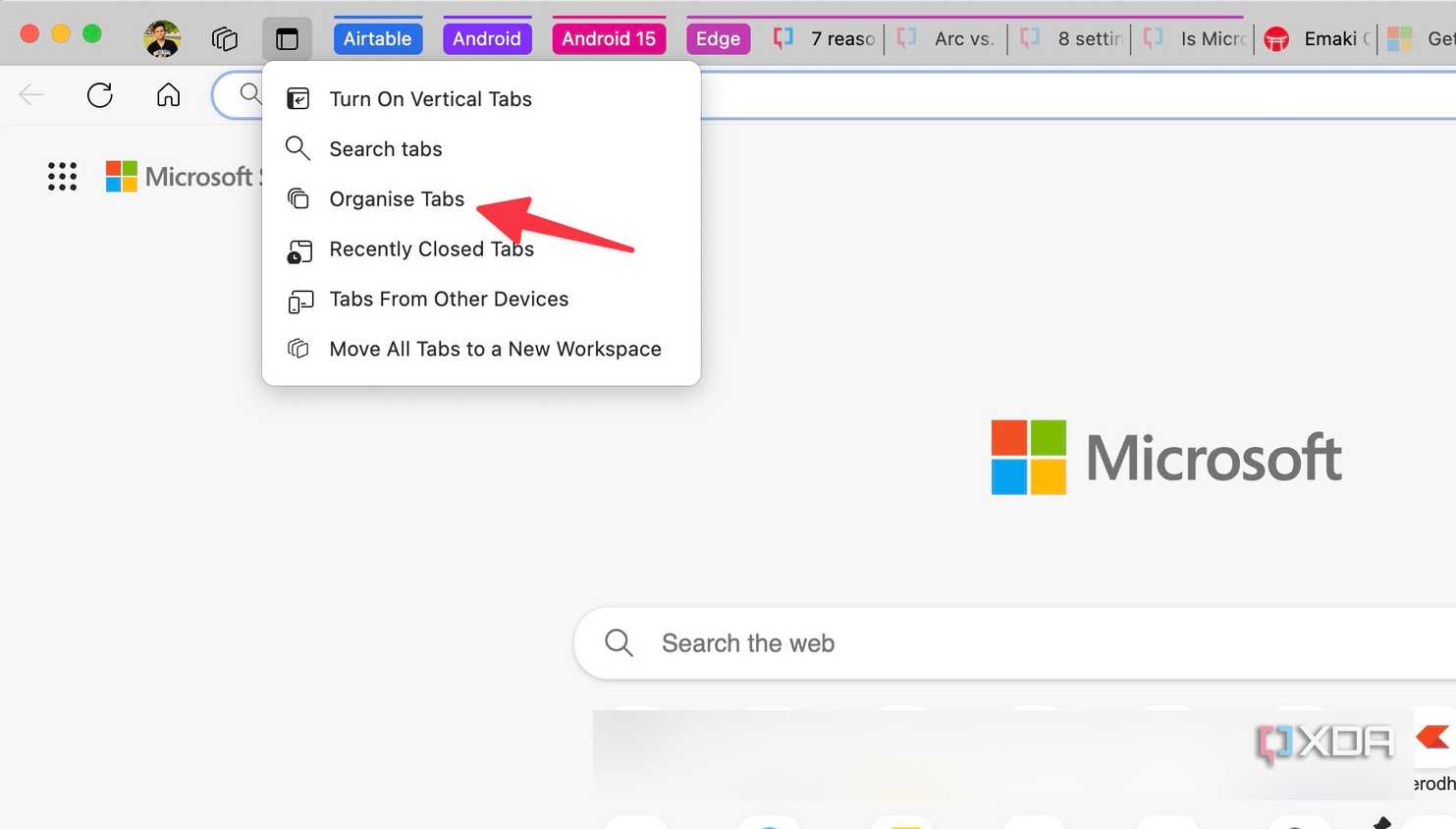 Microsoft Edge organize tabs