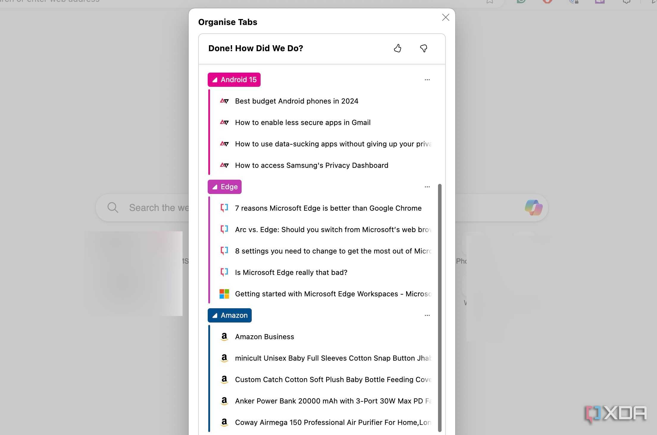 Microsoft Edge tabs organized