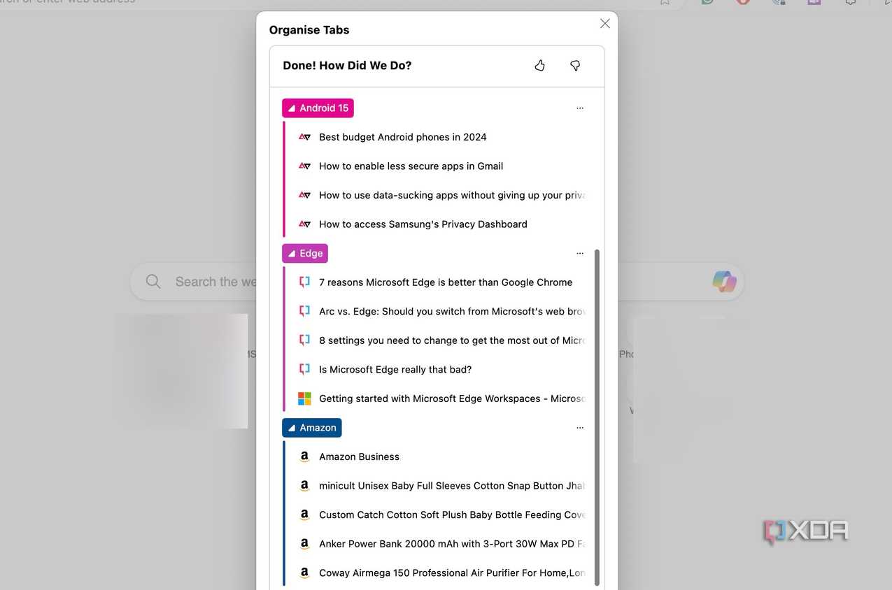 Microsoft Edge tabs organized