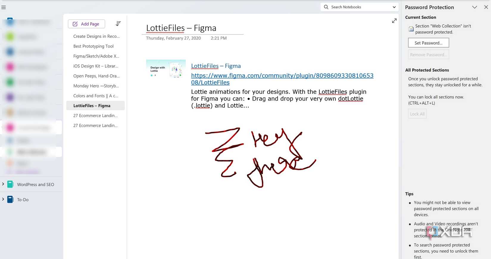 password protect OneNote Section