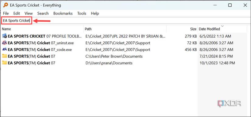 Screenshot of regular search on Everything