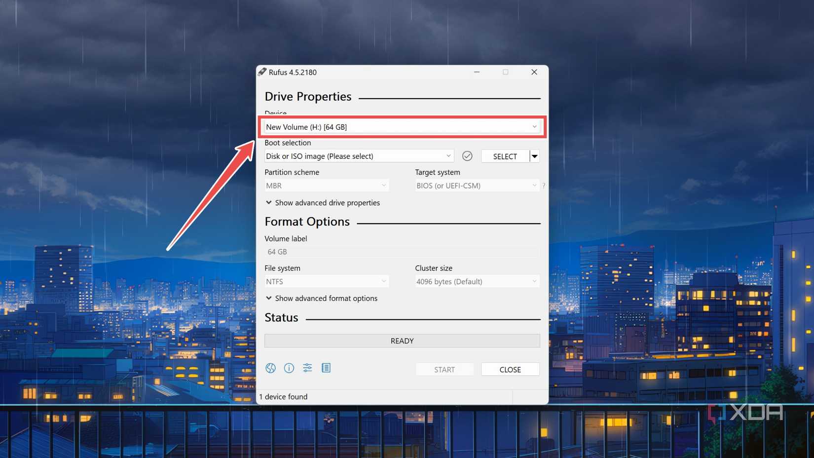 Selecting a USB drive as the Device inside Rufus