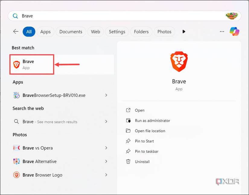 Run Brave browser from the Start Menu