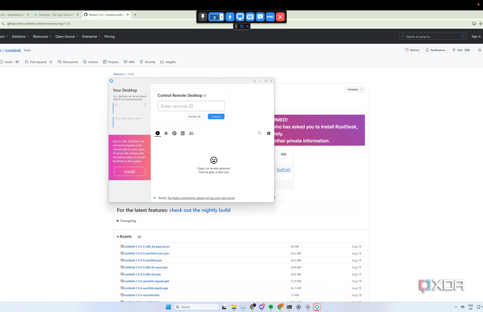 RustDesk running on a Windows machine