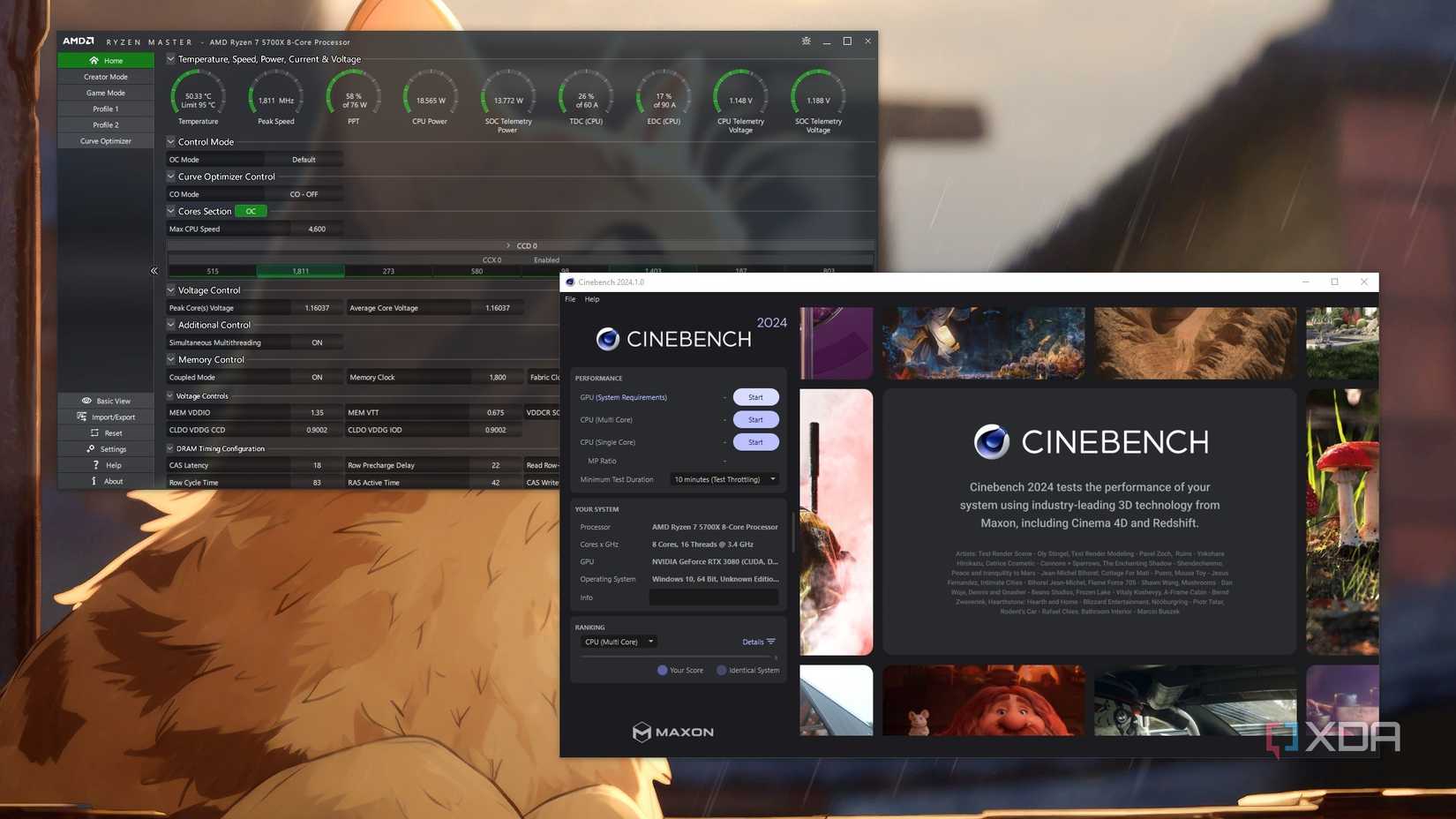 Screenshot of a desktop showing Ryzen Master and Cinebench 2024 benchmarking applications