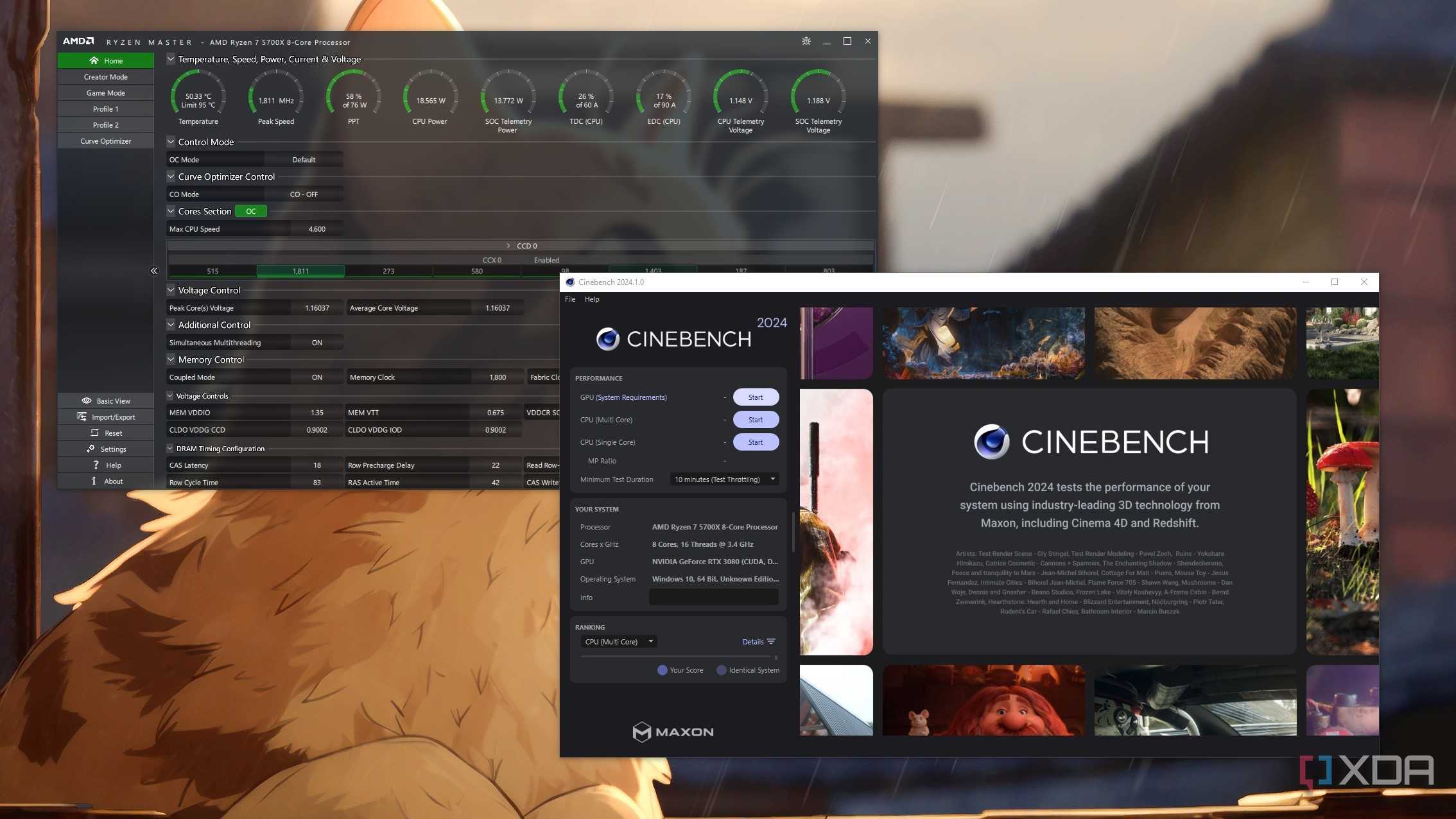 Screenshot of a desktop showing Ryzen Master and Cinebench 2024