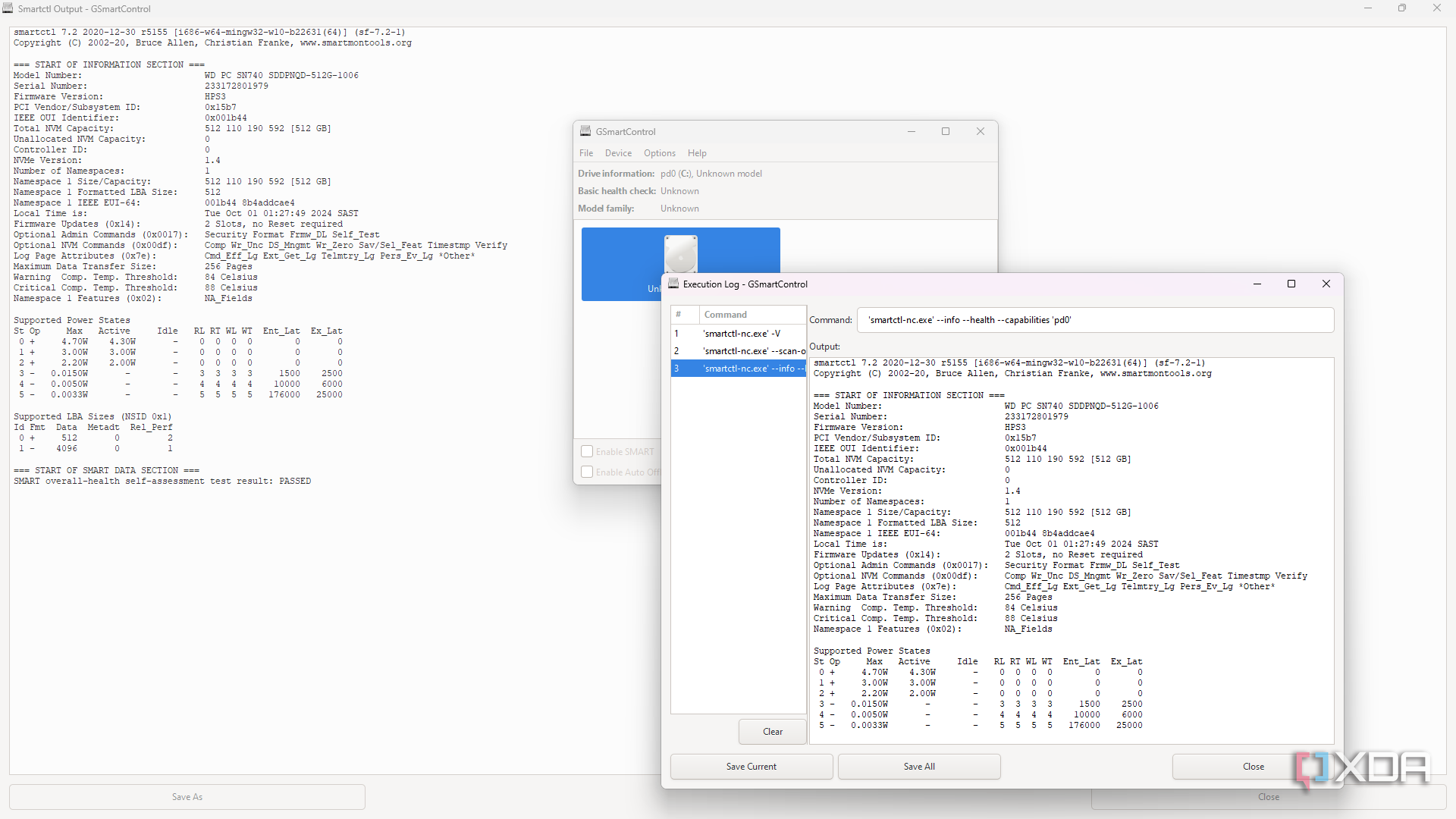 The GSmartControl tool with pages of error logs