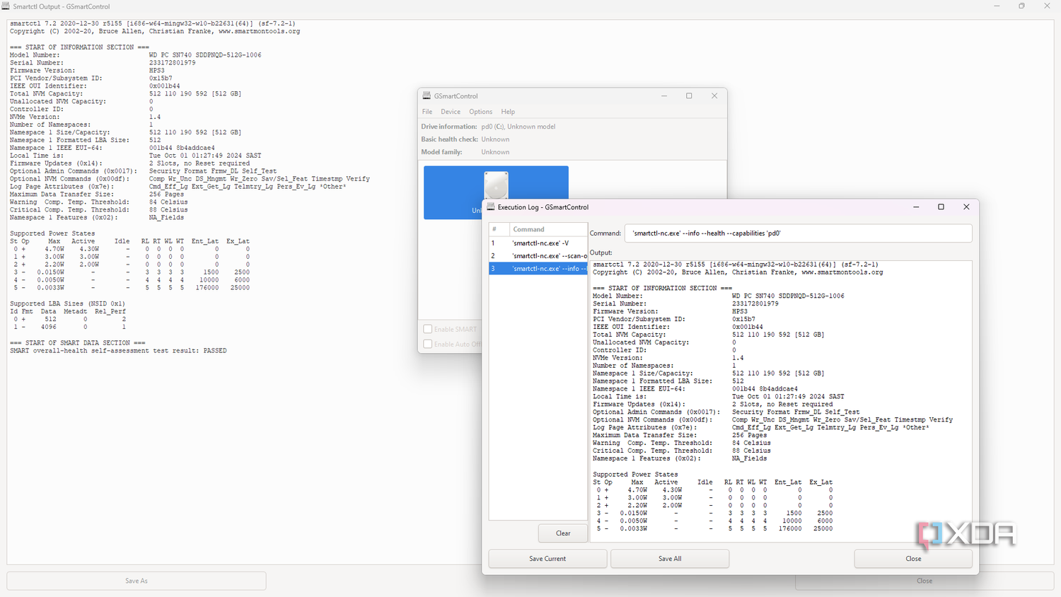 The GSmartControl tool with pages of error logs
