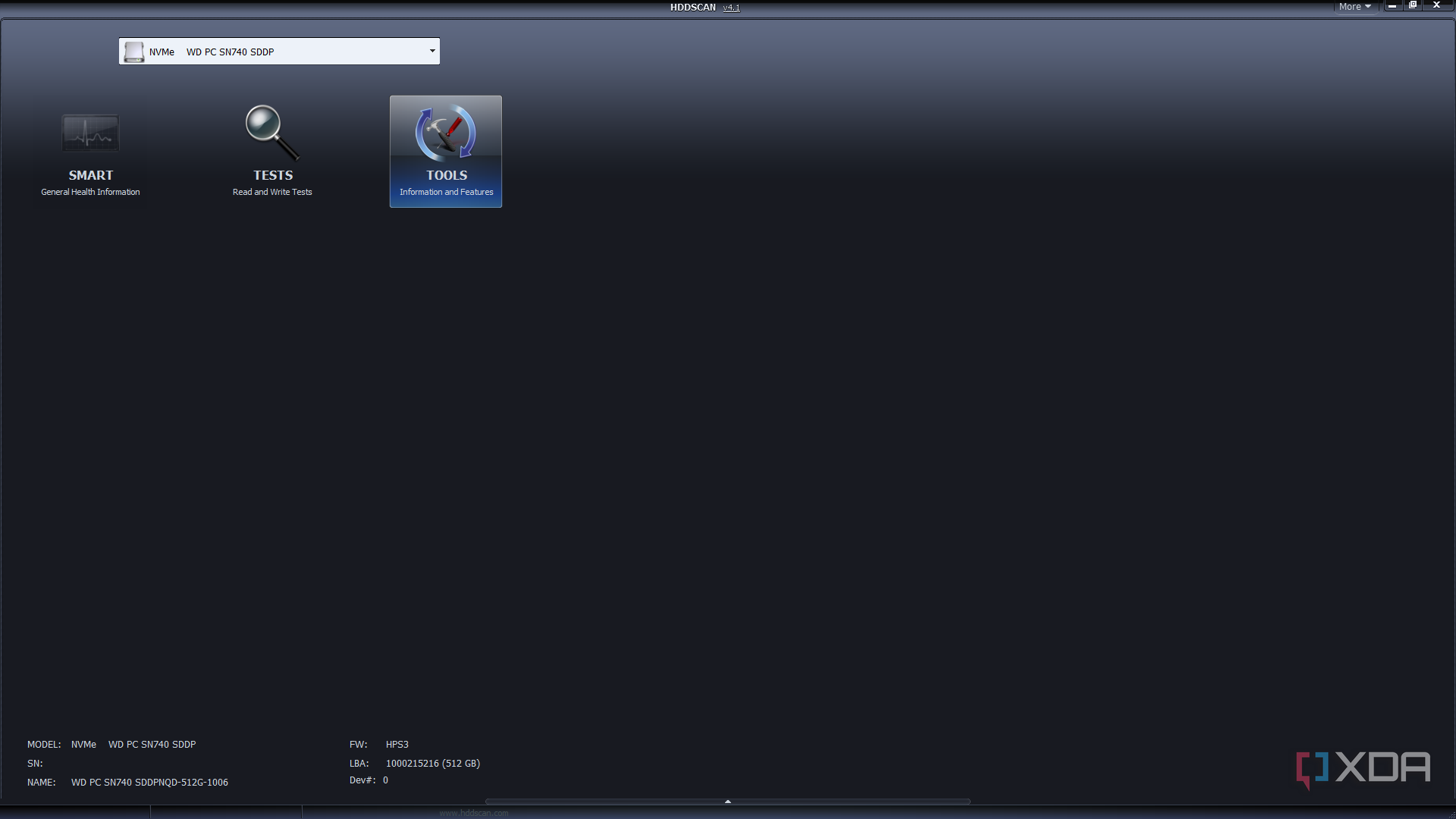 The main menu of the HDDScan tool