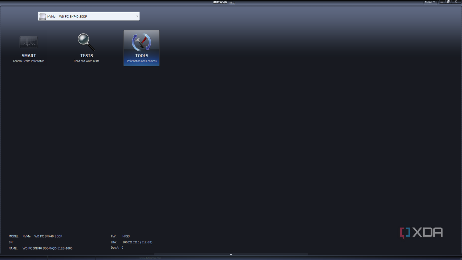 The main menu of the HDDScan tool