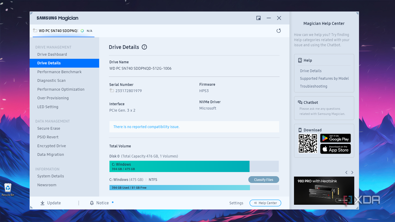 The main screen of the Samsung Magician Storage utility