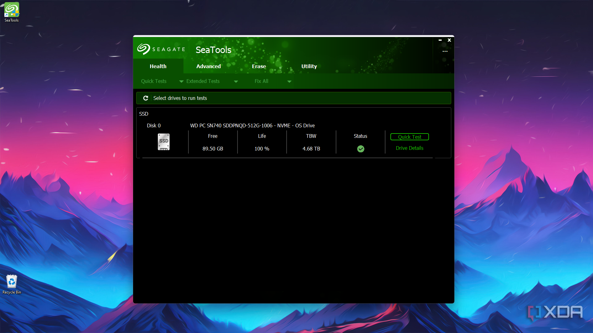The main menu of the Seagate SeaTools utility