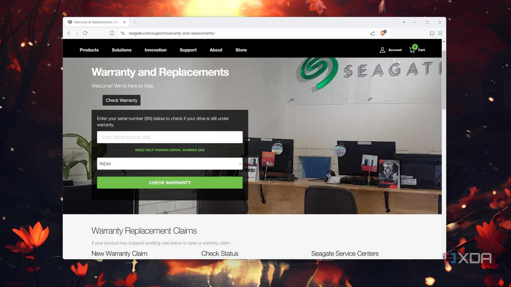 The warranty page on Seagate