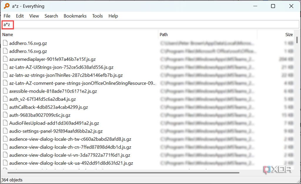 Screenshot of the search result of items beginning with a and ending with z