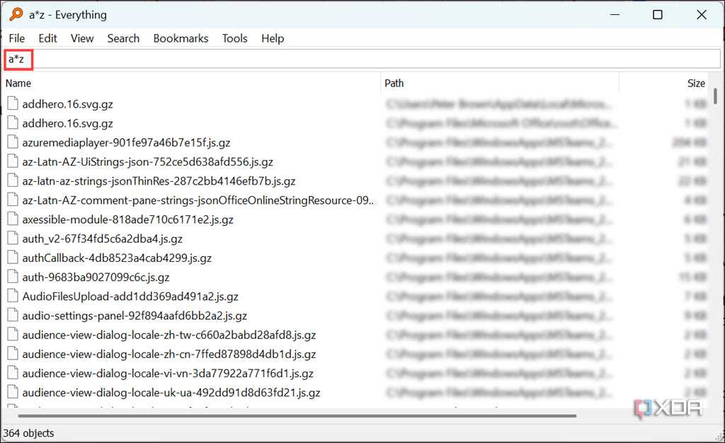 Screenshot of the search result of items beginning with a and ending with z
